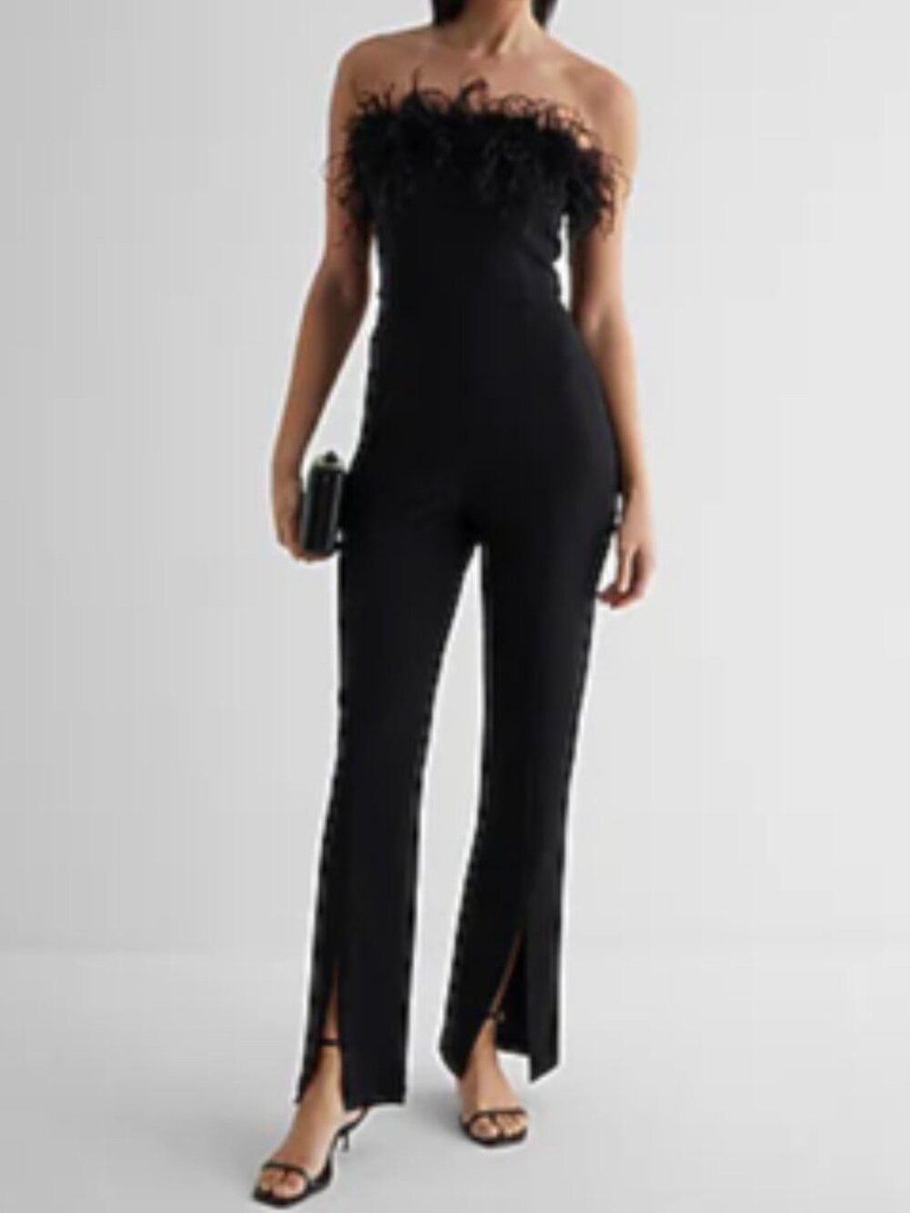 Express Black Feather Convertible Strapless Exposed Zipper Front Slit Jumpsuit